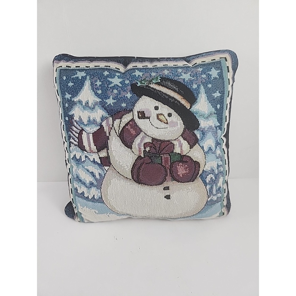 Dan Morris Tapestry Snowman Holding a Christmas Gift 15x15 Holiday Throw Pillow